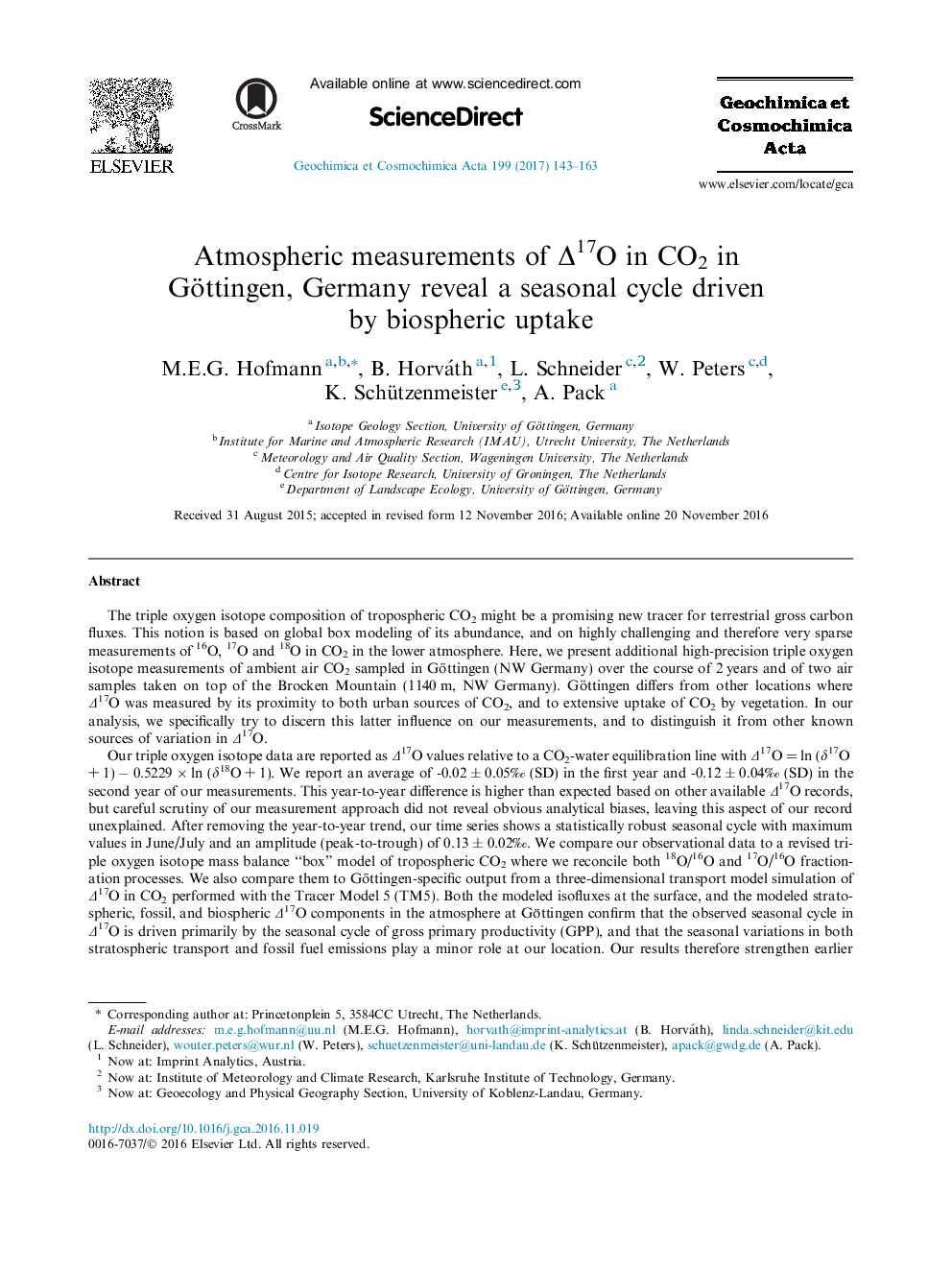 Atmospheric measurements of Î17O in CO2 in Göttingen, Germany reveal a seasonal cycle driven by biospheric uptake