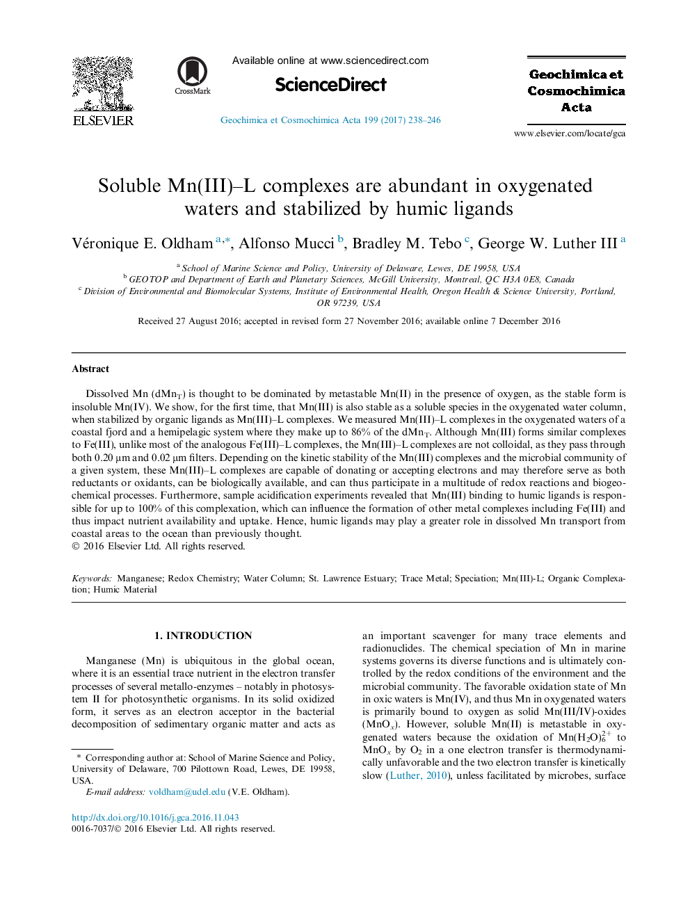 Soluble Mn(III)-L complexes are abundant in oxygenated waters and stabilized by humic ligands