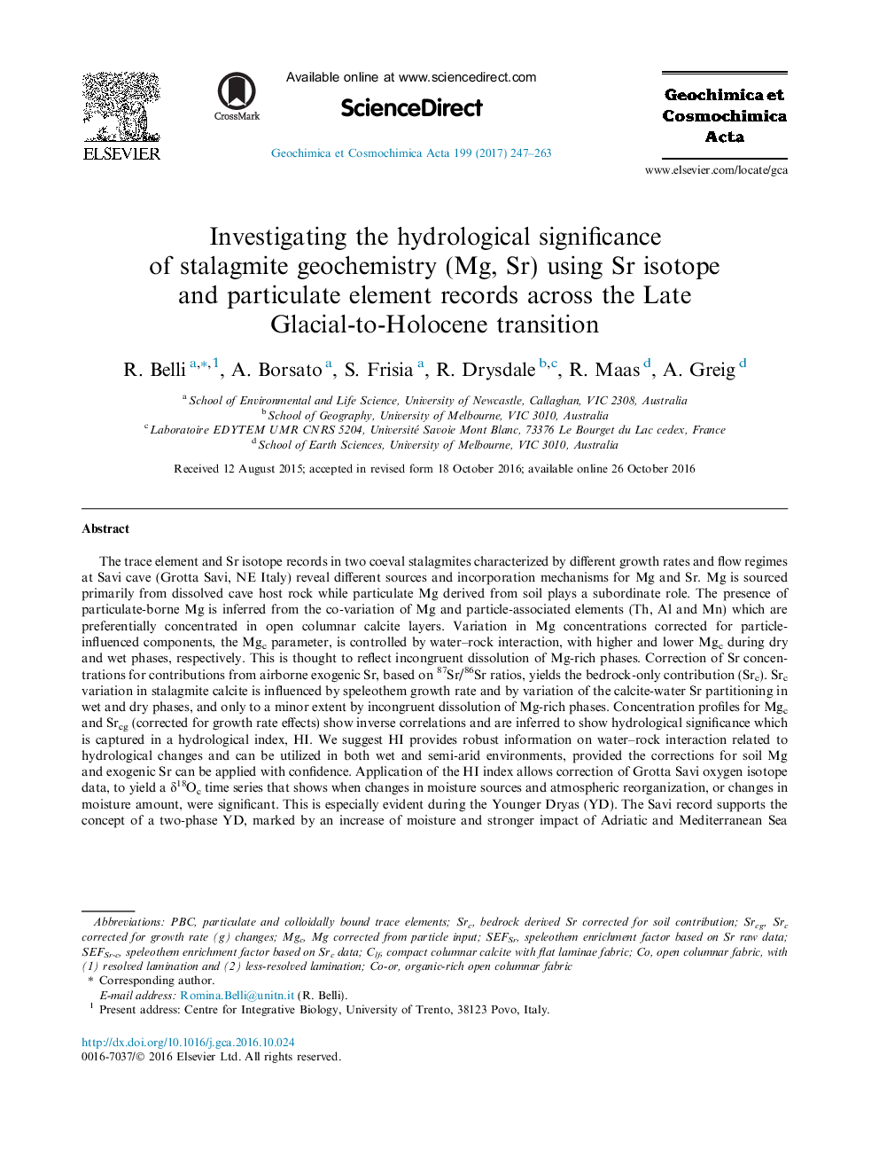 Investigating the hydrological significance of stalagmite geochemistry (Mg, Sr) using Sr isotope and particulate element records across the Late Glacial-to-Holocene transition