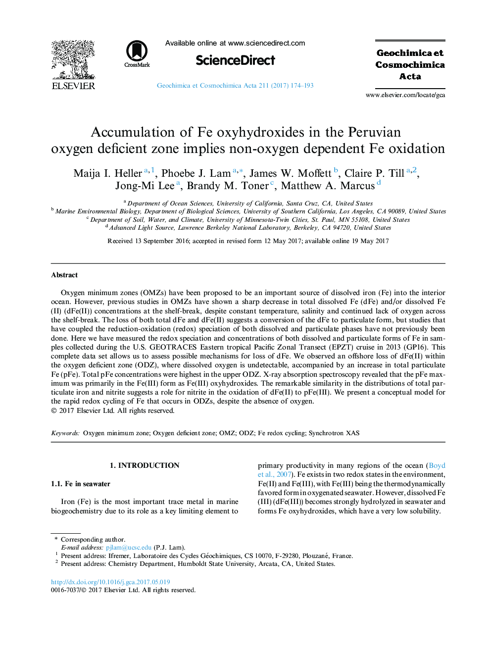 Accumulation of Fe oxyhydroxides in the Peruvian oxygen deficient zone implies non-oxygen dependent Fe oxidation