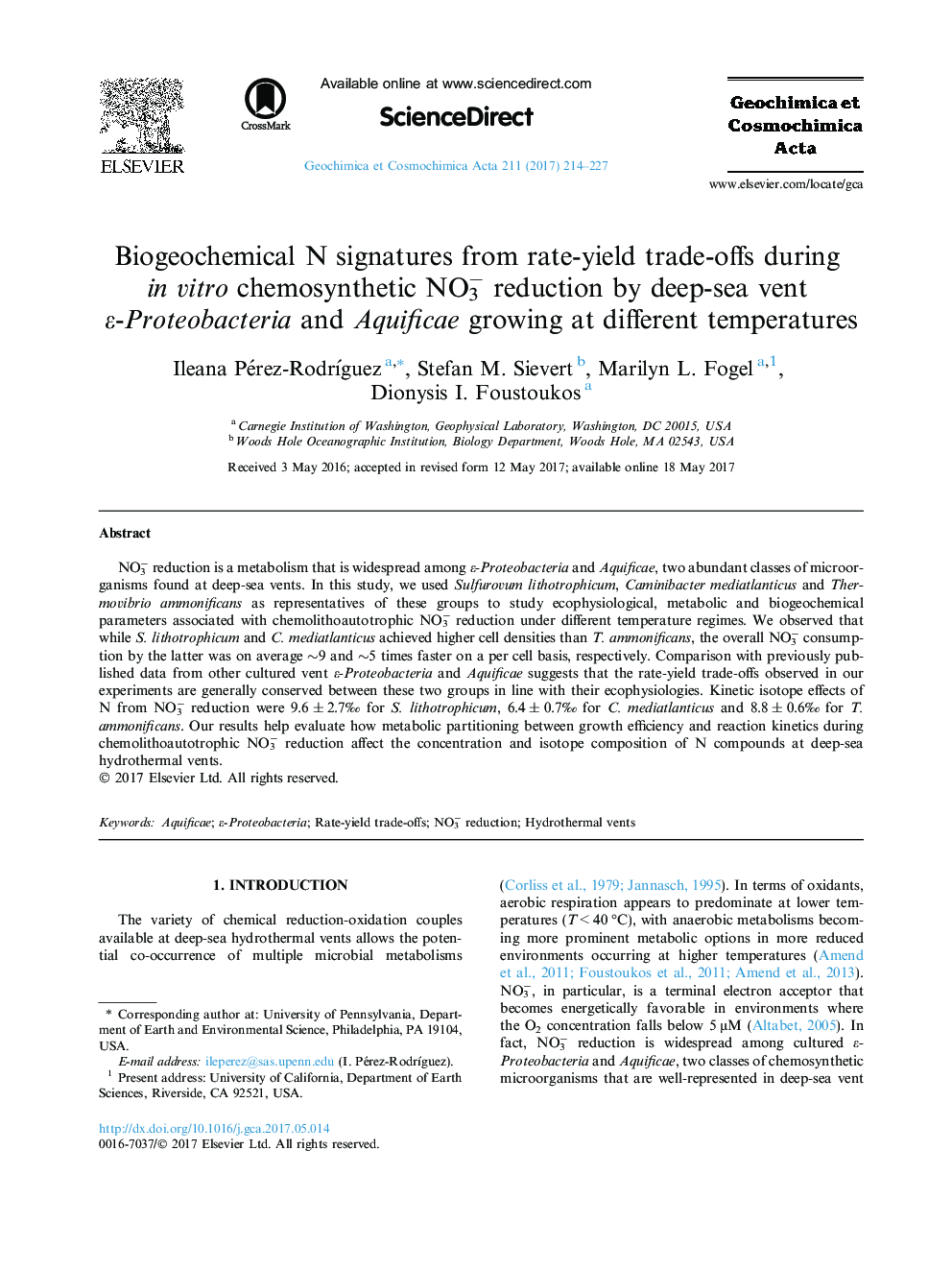 Biogeochemical N signatures from rate-yield trade-offs during in vitro chemosynthetic NO3â reduction by deep-sea vent Îµ-Proteobacteria and Aquificae growing at different temperatures