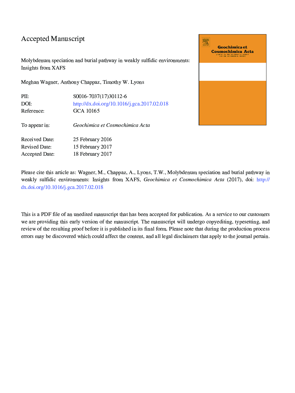 Molybdenum speciation and burial pathway in weakly sulfidic environments: Insights from XAFS