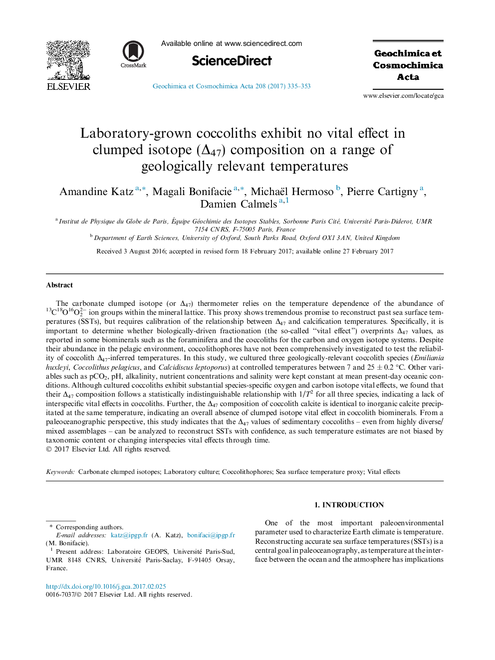 Laboratory-grown coccoliths exhibit no vital effect in clumped isotope (Î47) composition on a range of geologically relevant temperatures