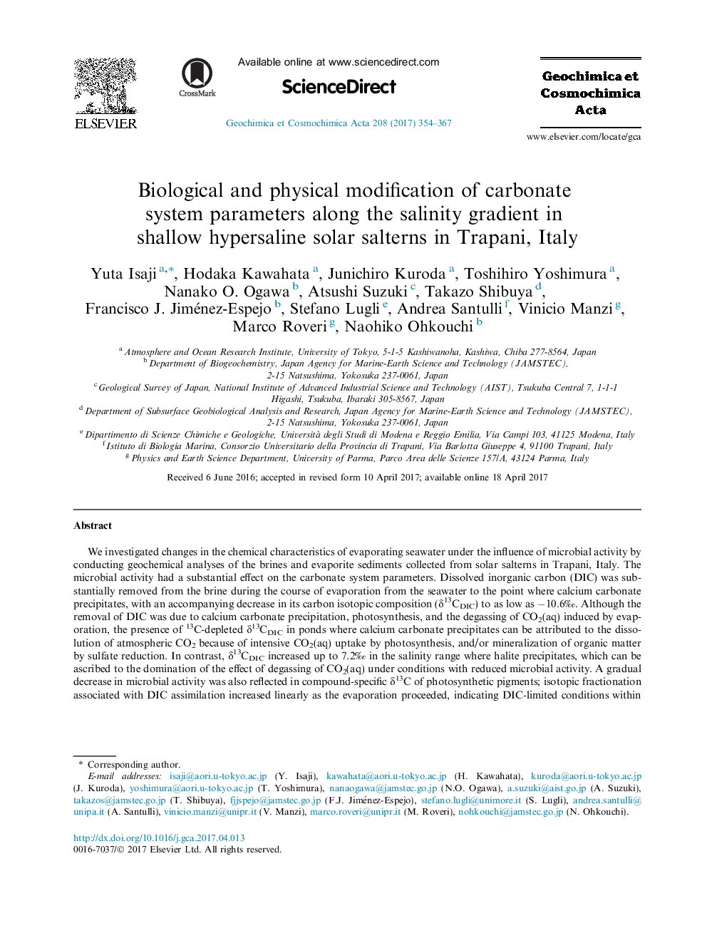 Biological and physical modification of carbonate system parameters along the salinity gradient in shallow hypersaline solar salterns in Trapani, Italy