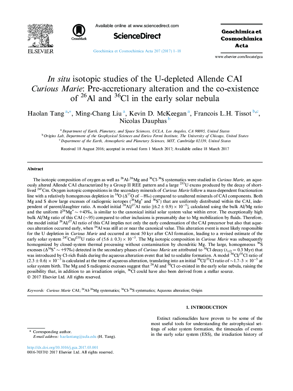 In situ isotopic studies of the U-depleted Allende CAI Curious Marie: Pre-accretionary alteration and the co-existence of 26Al and 36Cl in the early solar nebula