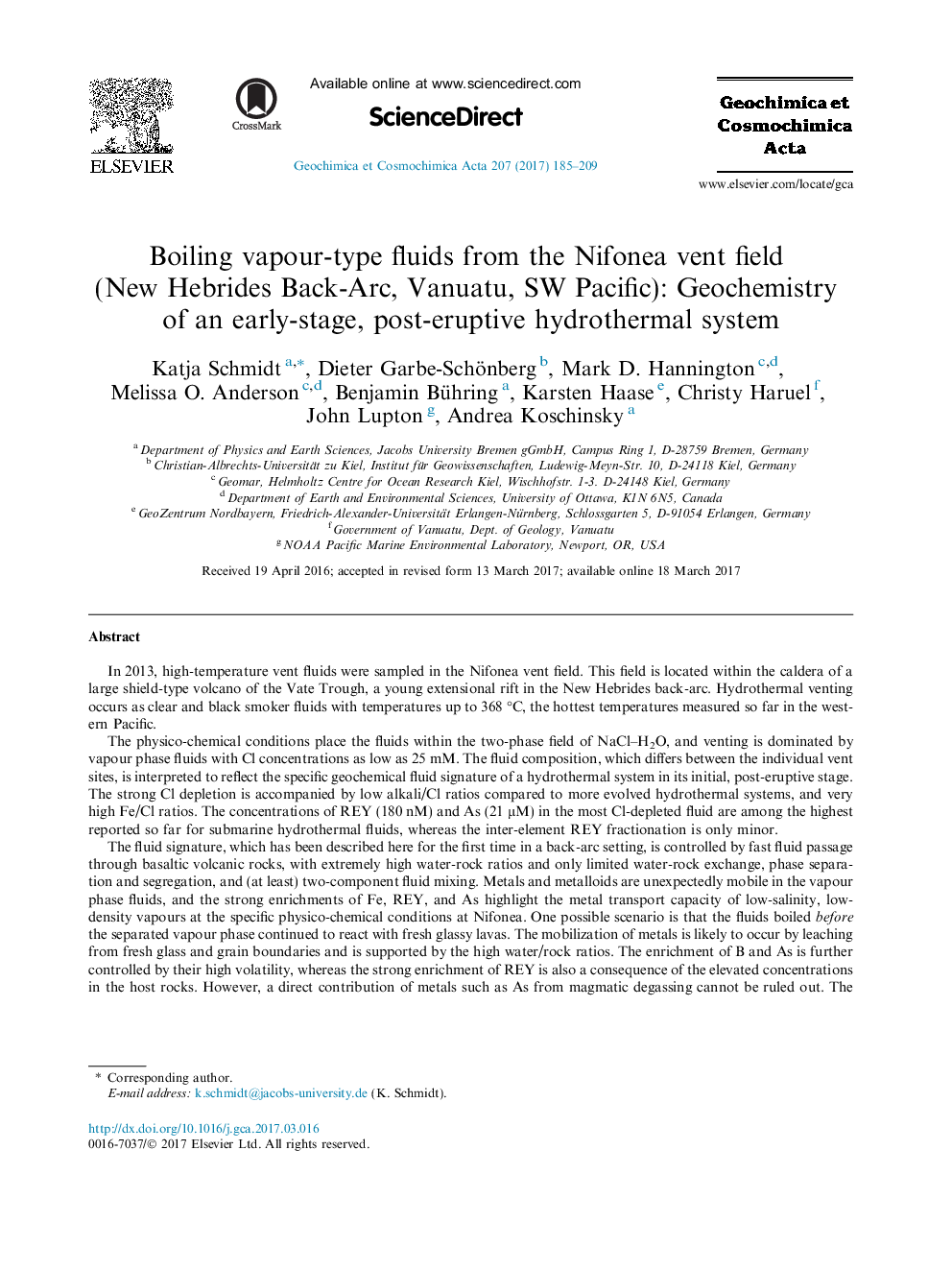 Boiling vapour-type fluids from the Nifonea vent field (New Hebrides Back-Arc, Vanuatu, SW Pacific): Geochemistry of an early-stage, post-eruptive hydrothermal system