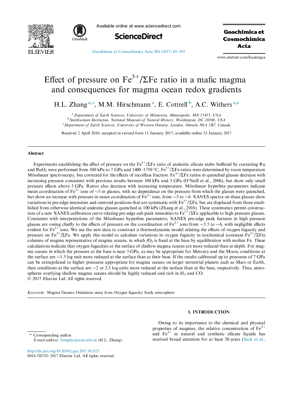 Effect of pressure on Fe3+/Î£Fe ratio in a mafic magma and consequences for magma ocean redox gradients