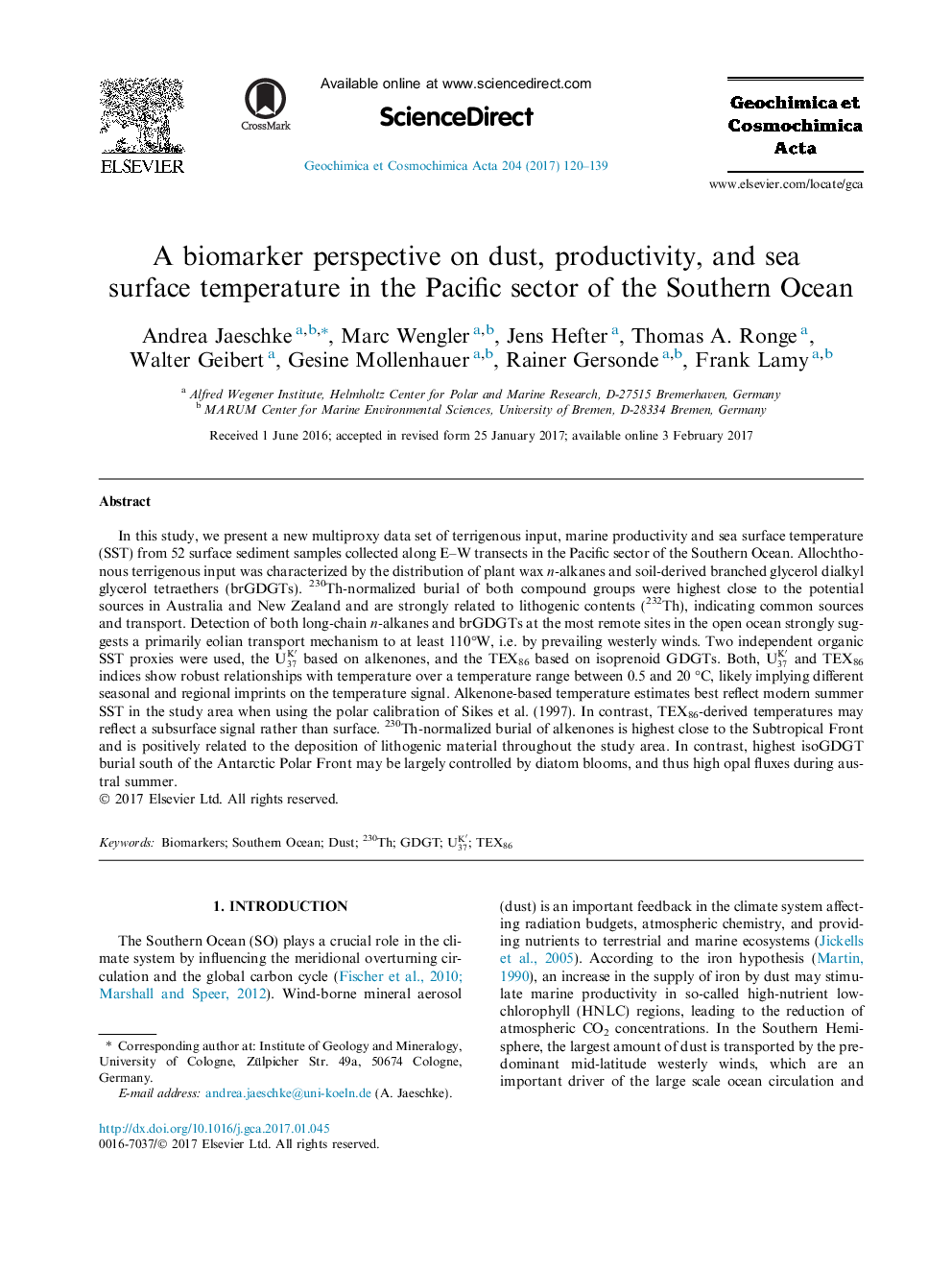 A biomarker perspective on dust, productivity, and sea surface temperature in the Pacific sector of the Southern Ocean