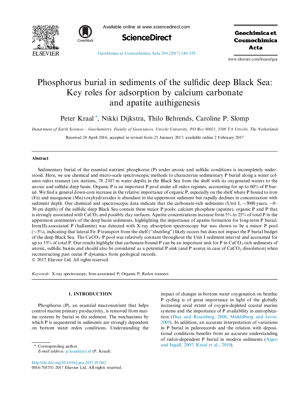 Phosphorus burial in sediments of the sulfidic deep Black Sea: Key roles for adsorption by calcium carbonate and apatite authigenesis