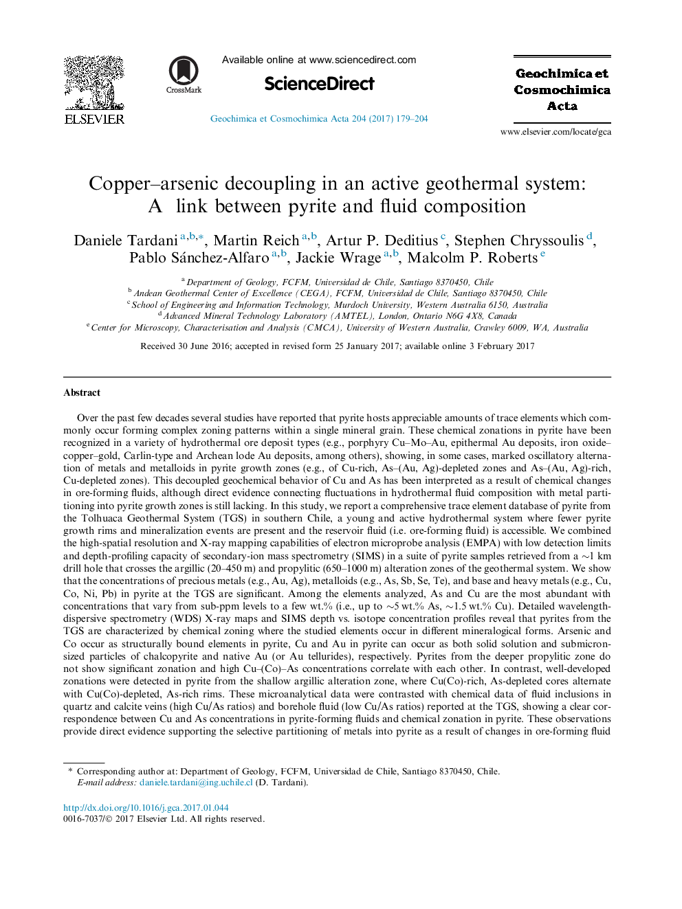 Copper-arsenic decoupling in an active geothermal system: A link between pyrite and fluid composition