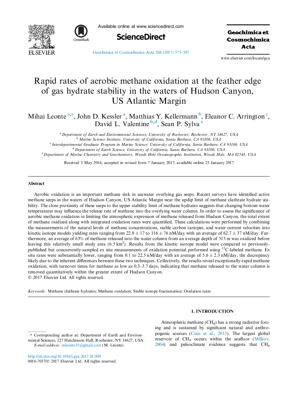 Rapid rates of aerobic methane oxidation at the feather edge of gas hydrate stability in the waters of Hudson Canyon, US Atlantic Margin