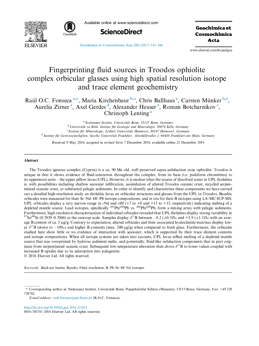 Fingerprinting fluid sources in Troodos ophiolite complex orbicular glasses using high spatial resolution isotope and trace element geochemistry