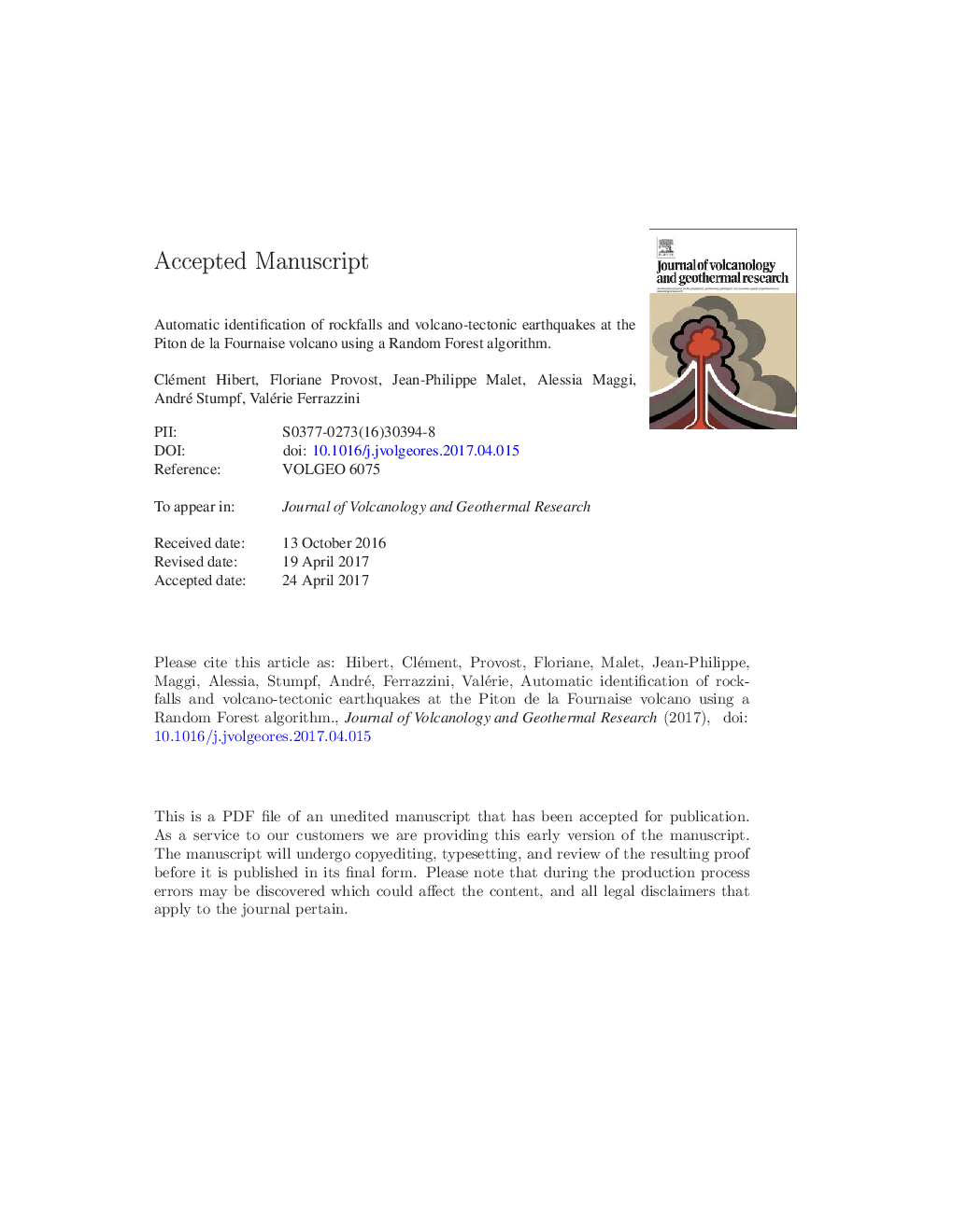 Automatic identification of rockfalls and volcano-tectonic earthquakes at the Piton de la Fournaise volcano using a Random Forest algorithm