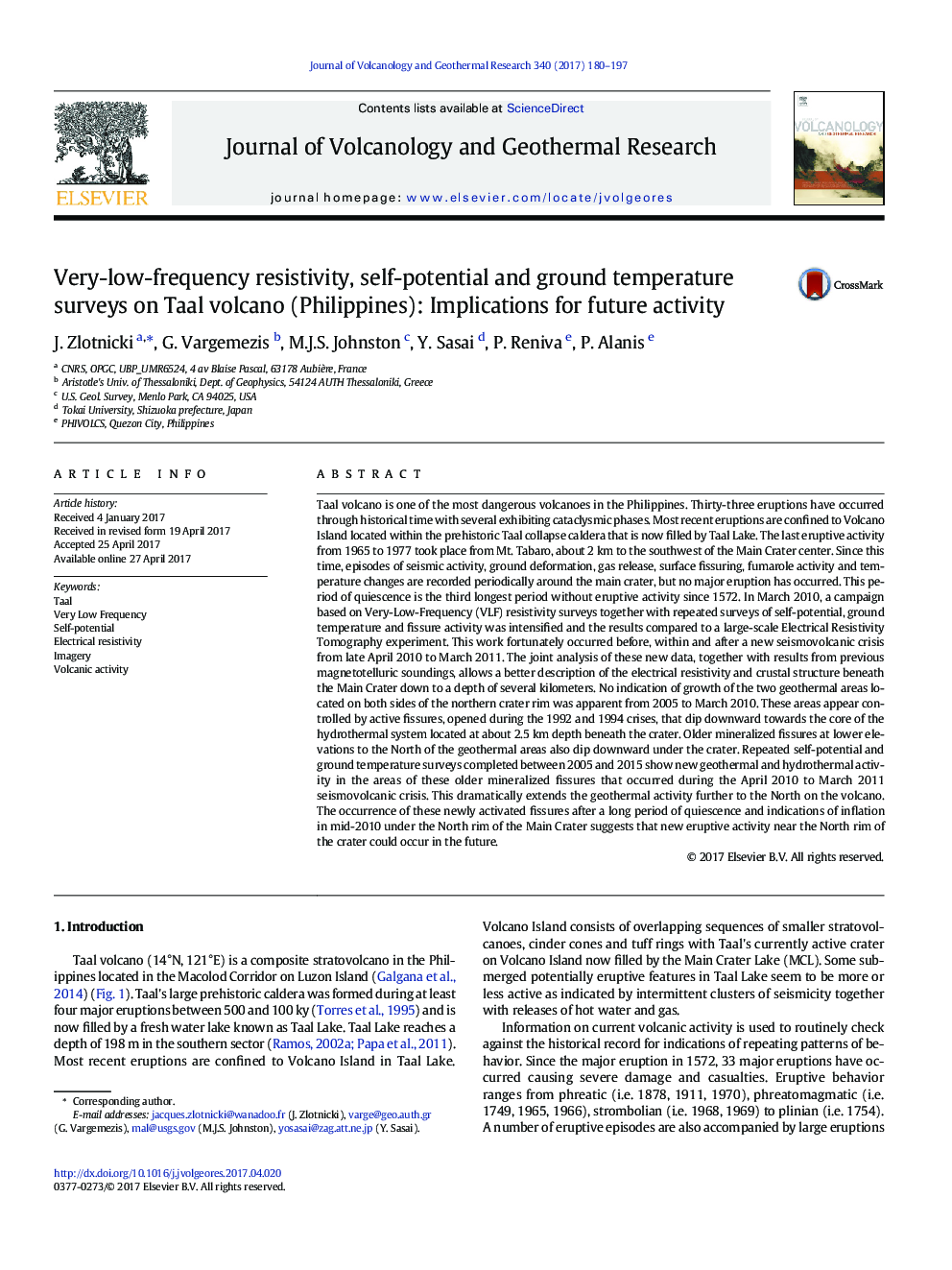 Very-low-frequency resistivity, self-potential and ground temperature surveys on Taal volcano (Philippines): Implications for future activity