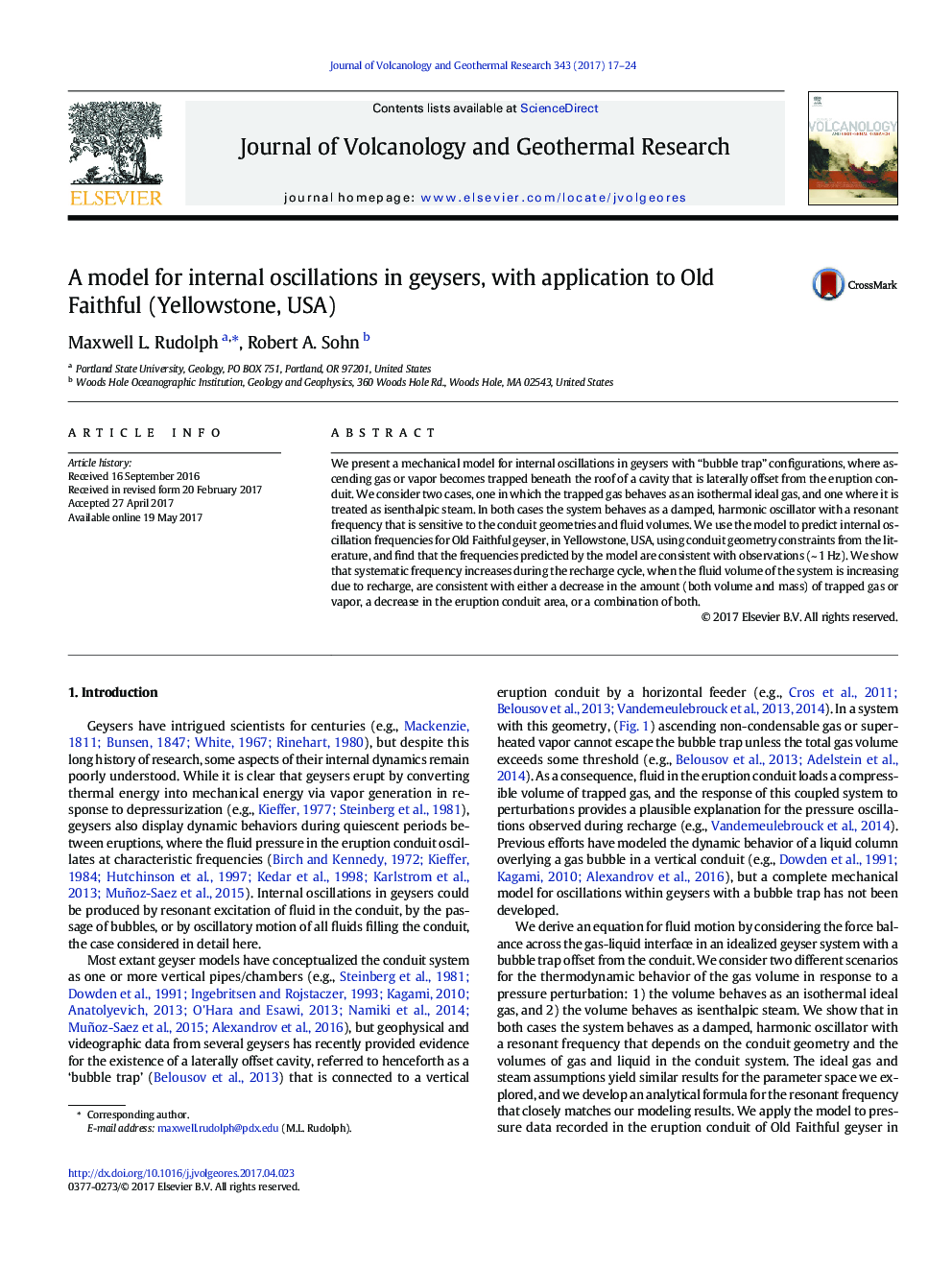 A model for internal oscillations in geysers, with application to Old Faithful (Yellowstone, USA)