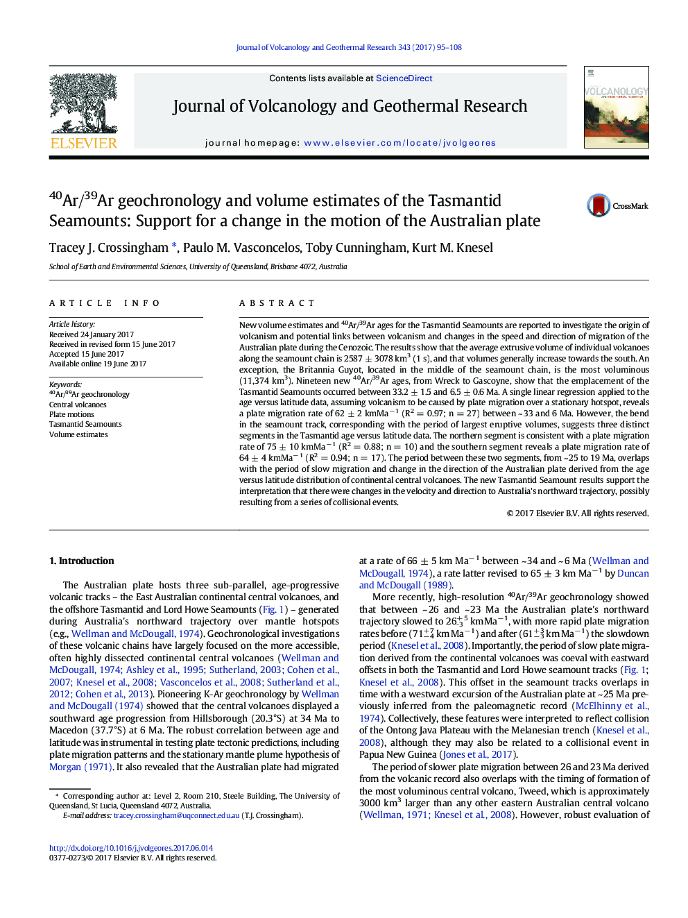 40Ar/39Ar geochronology and volume estimates of the Tasmantid Seamounts: Support for a change in the motion of the Australian plate