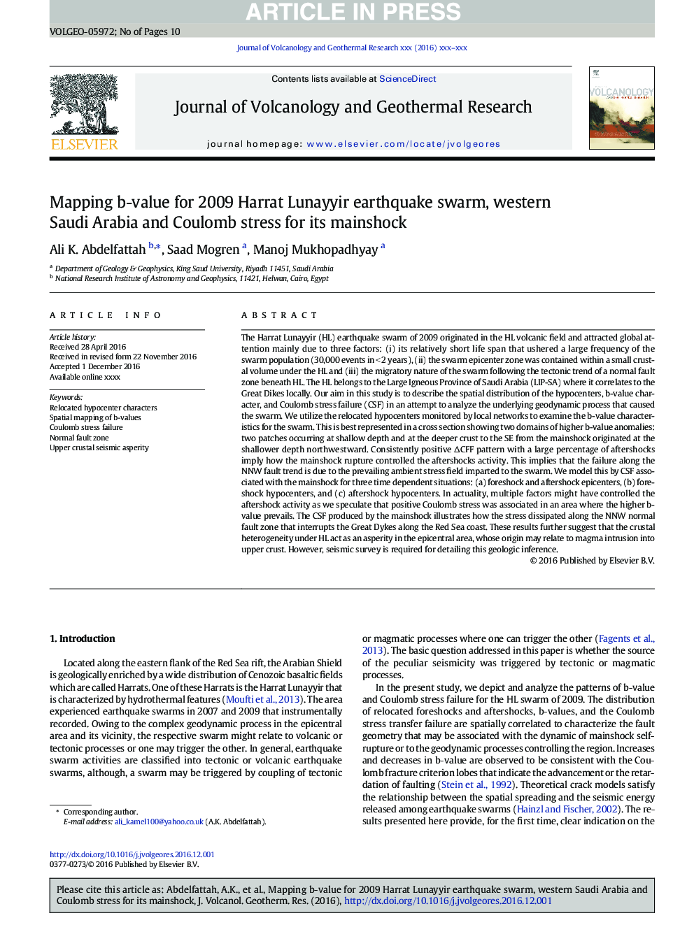 Mapping b-value for 2009 Harrat Lunayyir earthquake swarm, western Saudi Arabia and Coulomb stress for its mainshock