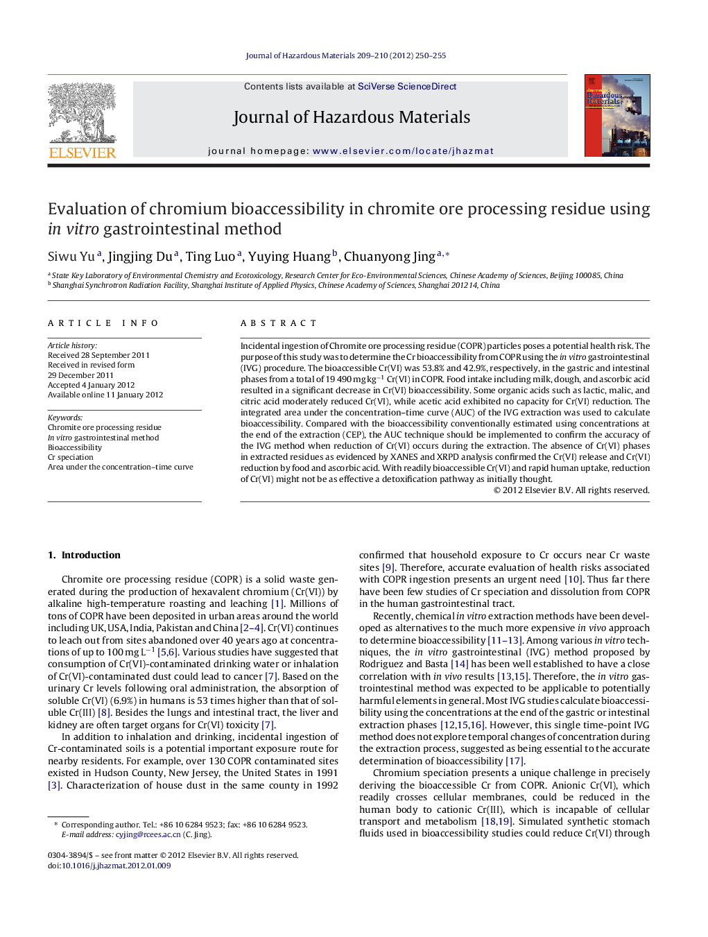 Evaluation of chromium bioaccessibility in chromite ore processing residue using in vitro gastrointestinal method