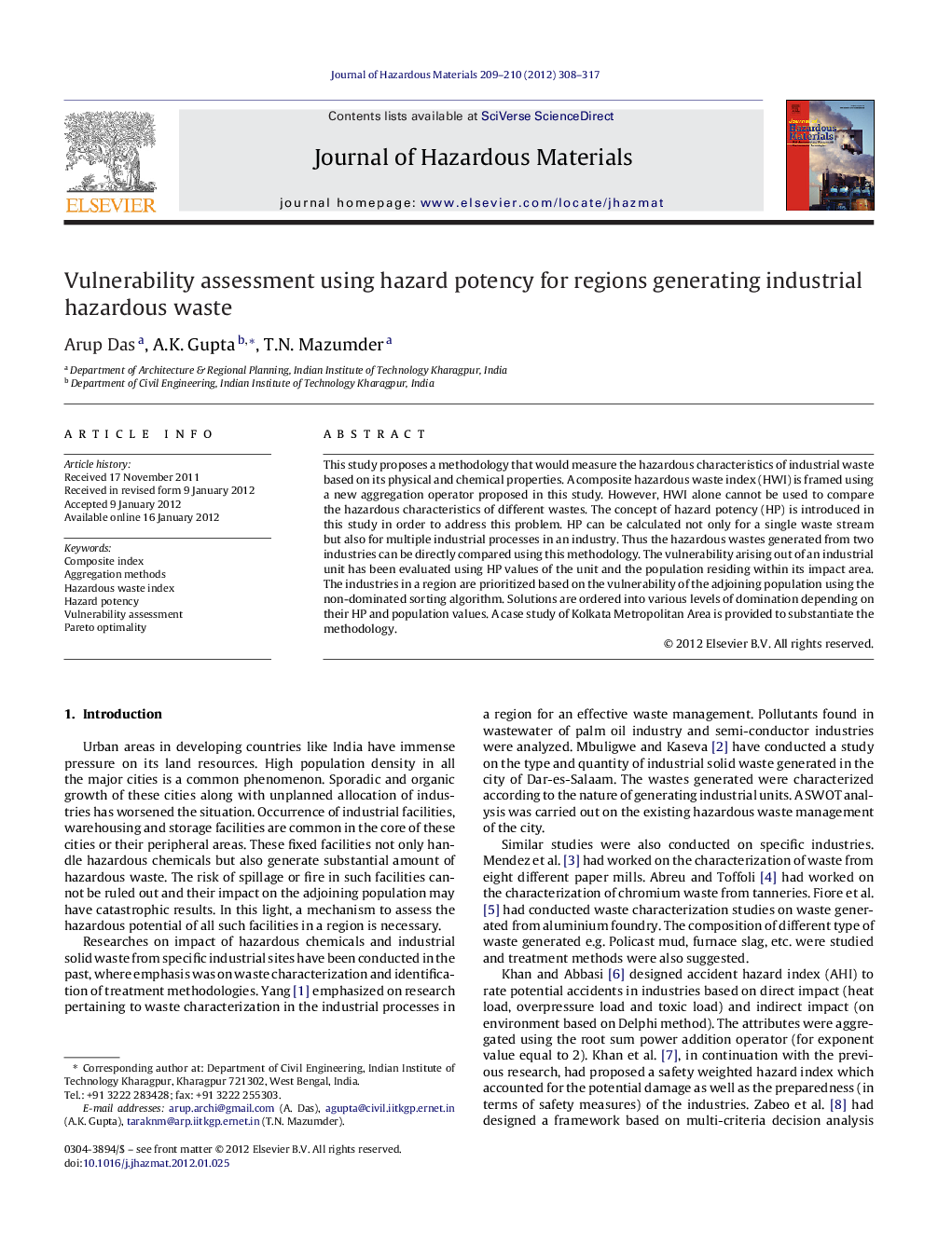 Vulnerability assessment using hazard potency for regions generating industrial hazardous waste