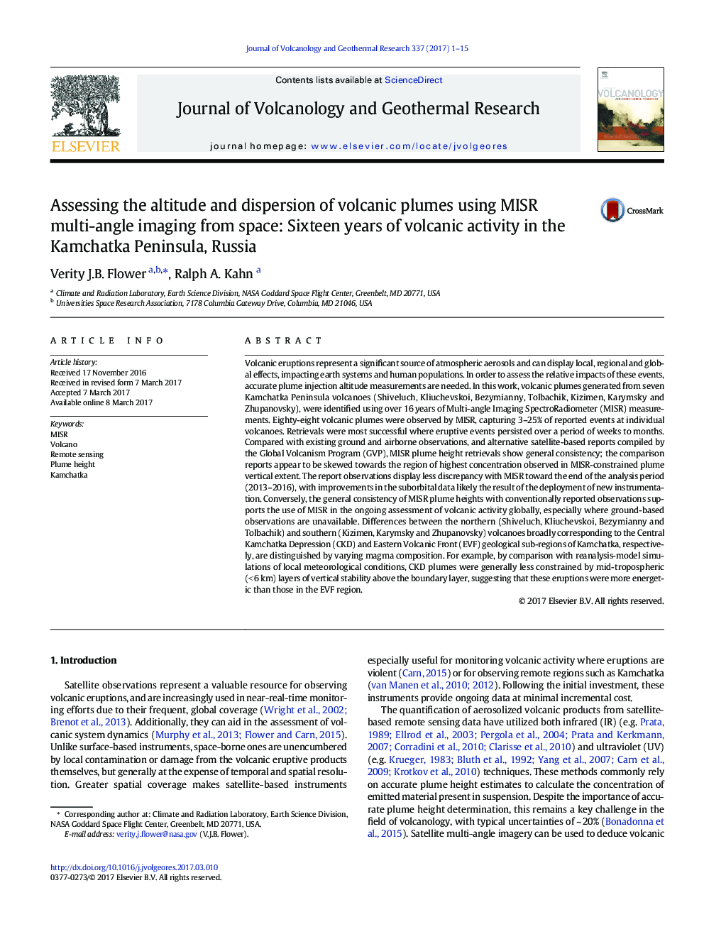 Assessing the altitude and dispersion of volcanic plumes using MISR multi-angle imaging from space: Sixteen years of volcanic activity in the Kamchatka Peninsula, Russia