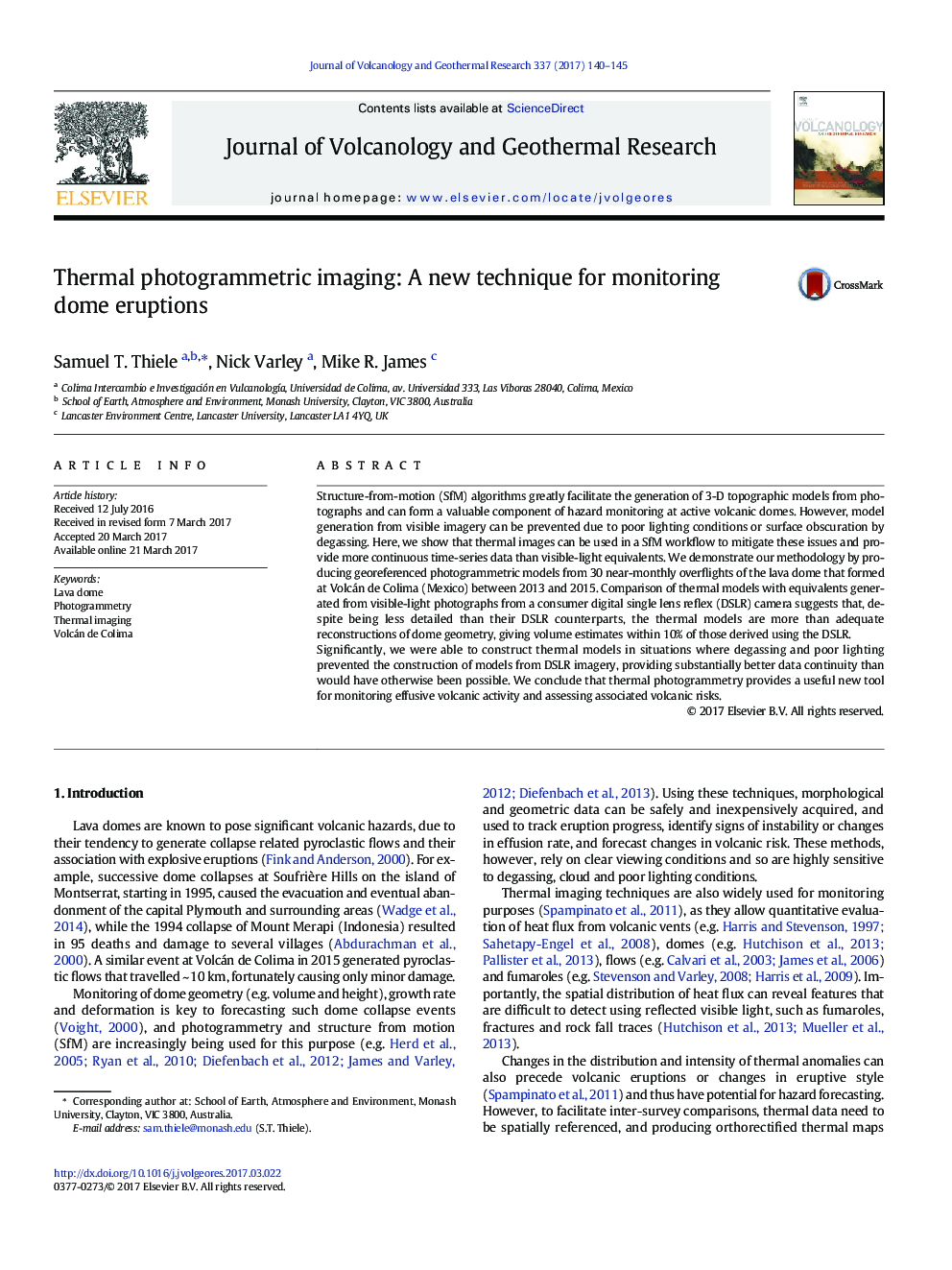 Thermal photogrammetric imaging: A new technique for monitoring dome eruptions