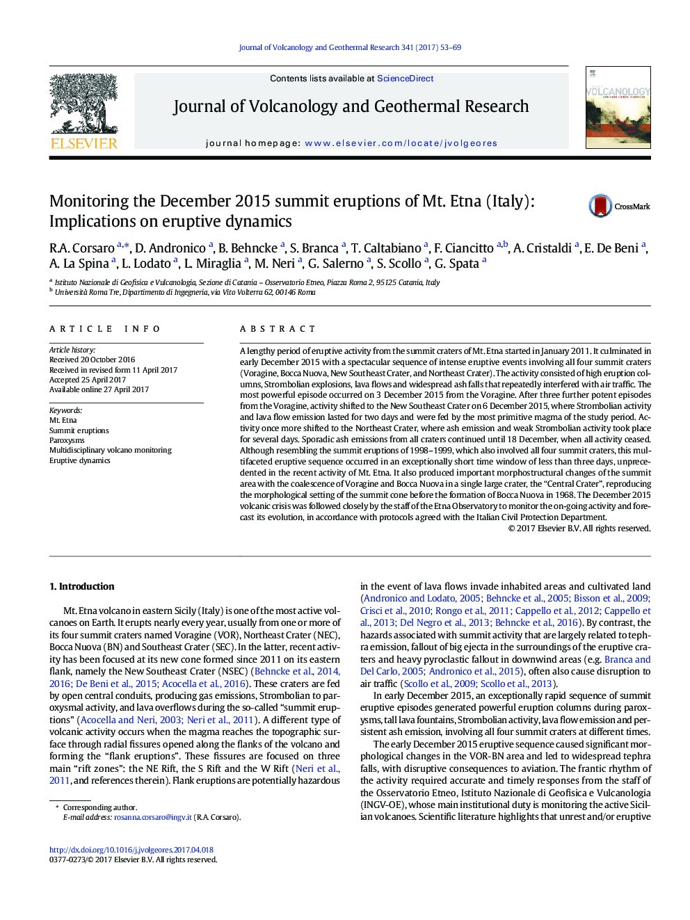 Monitoring the December 2015 summit eruptions of Mt. Etna (Italy): Implications on eruptive dynamics