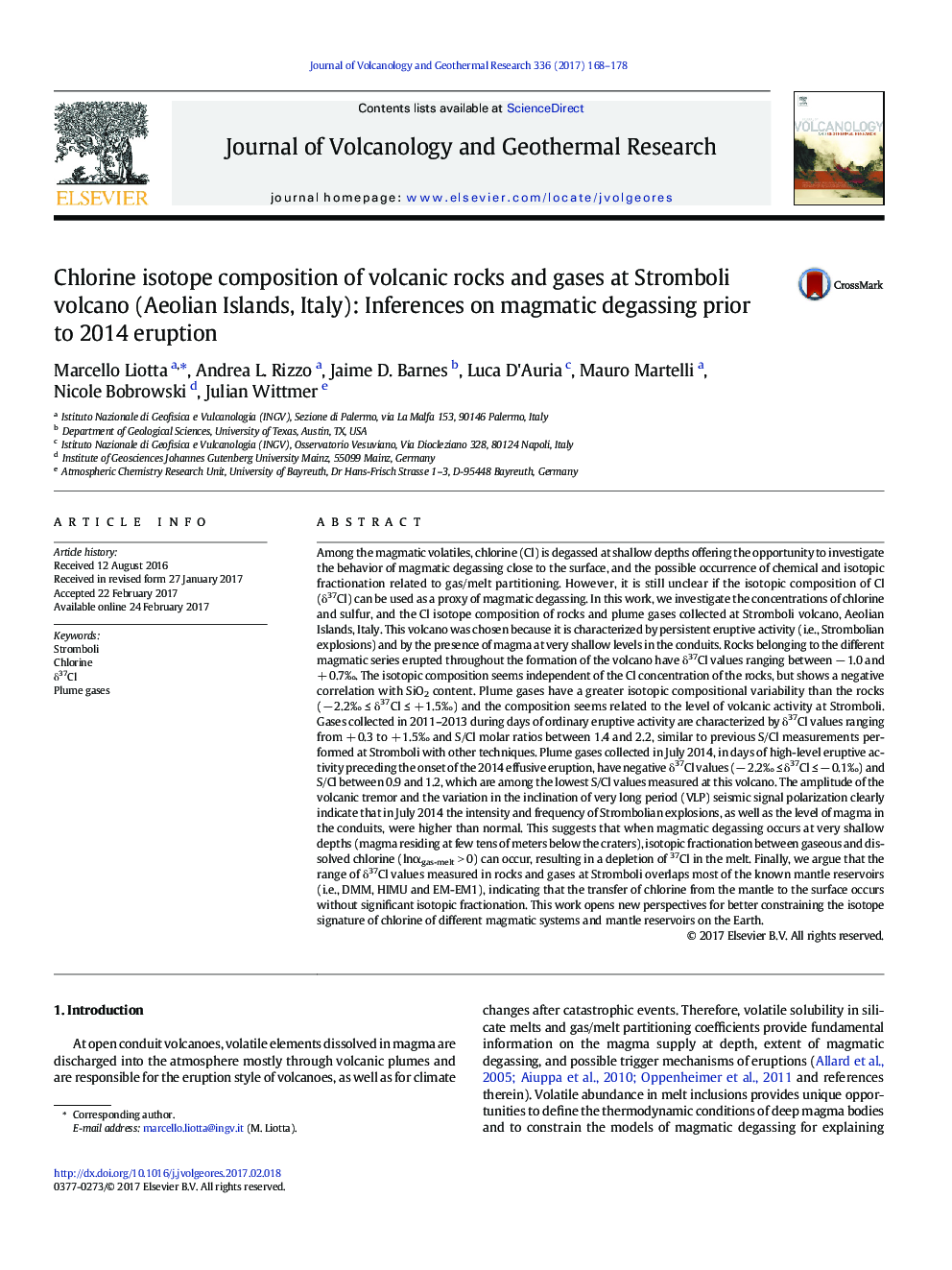 Chlorine isotope composition of volcanic rocks and gases at Stromboli volcano (Aeolian Islands, Italy): Inferences on magmatic degassing prior to 2014 eruption