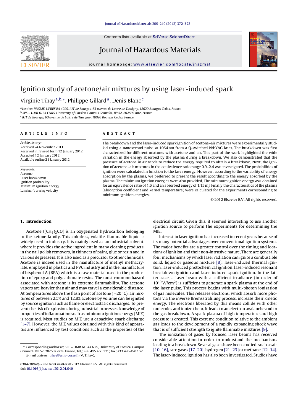 Ignition study of acetone/air mixtures by using laser-induced spark