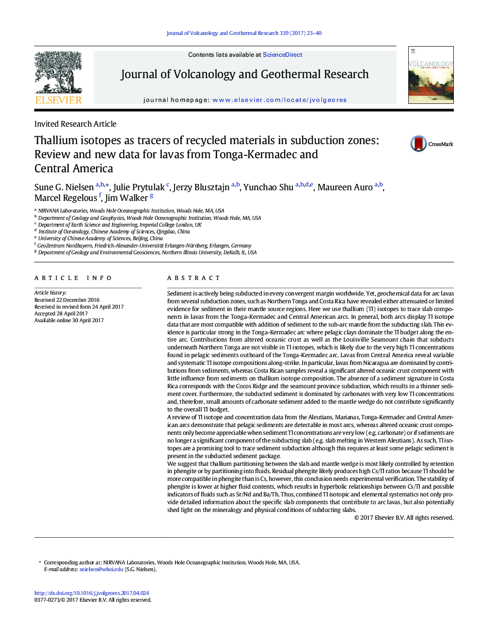 عکس صفحه اول مقاله: Invited Research ArticleThallium isotopes as tracers of recycled materials in subduction zones: Review and new data for lavas from Tonga-Kermadec and Central America Invited Research ArticleThallium isotopes as tracers of recycled materials in subduction zones: Review and new data for lavas from Tonga-Kermadec and Central America
