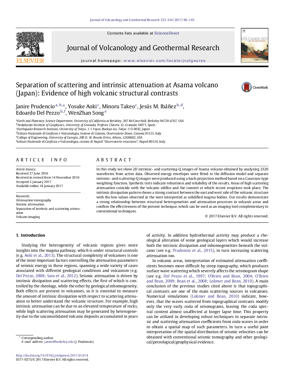 Separation of scattering and intrinsic attenuation at Asama volcano (Japan): Evidence of high volcanic structural contrasts