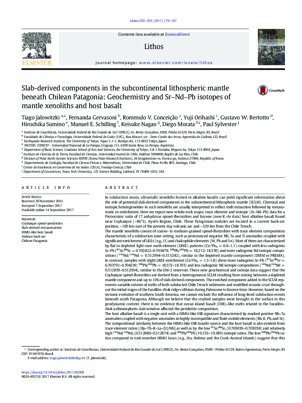 Slab-derived components in the subcontinental lithospheric mantle beneath Chilean Patagonia: Geochemistry and Sr-Nd-Pb isotopes of mantle xenoliths and host basalt