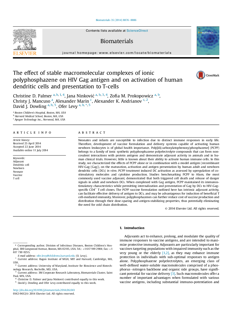 The effect of stable macromolecular complexes of ionic polyphosphazene on HIV Gag antigen and on activation of human dendritic cells and presentation to T-cells