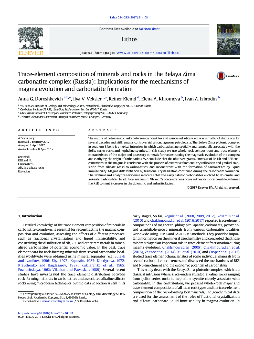 Trace-element composition of minerals and rocks in the Belaya Zima carbonatite complex (Russia): Implications for the mechanisms of magma evolution and carbonatite formation