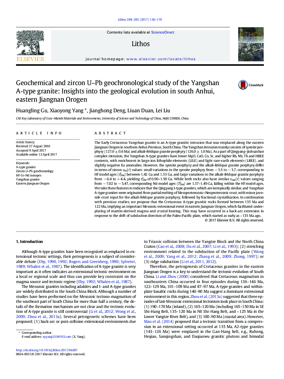 Geochemical and zircon U-Pb geochronological study of the Yangshan A-type granite: Insights into the geological evolution in south Anhui, eastern Jiangnan Orogen