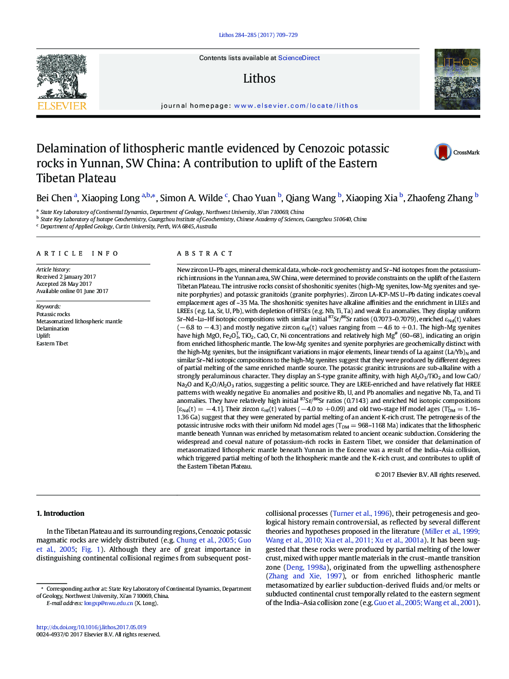 Delamination of lithospheric mantle evidenced by Cenozoic potassic rocks in Yunnan, SW China: A contribution to uplift of the Eastern Tibetan Plateau