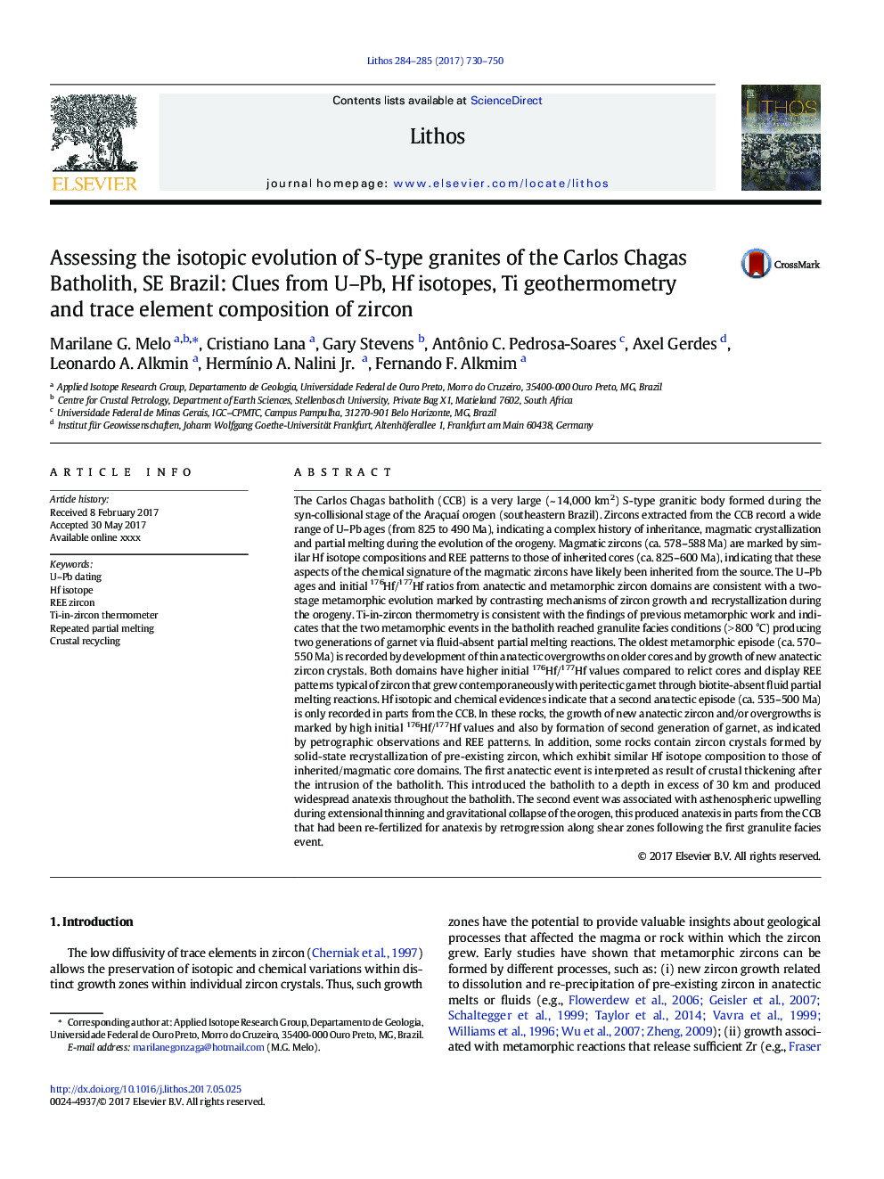 Assessing the isotopic evolution of S-type granites of the Carlos Chagas Batholith, SE Brazil: Clues from U-Pb, Hf isotopes, Ti geothermometry and trace element composition of zircon