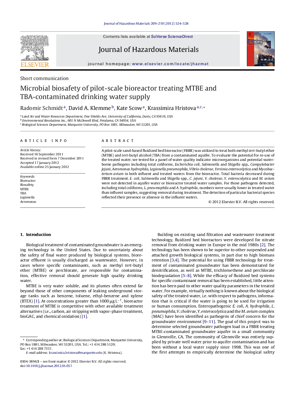 Microbial biosafety of pilot-scale bioreactor treating MTBE and TBA-contaminated drinking water supply