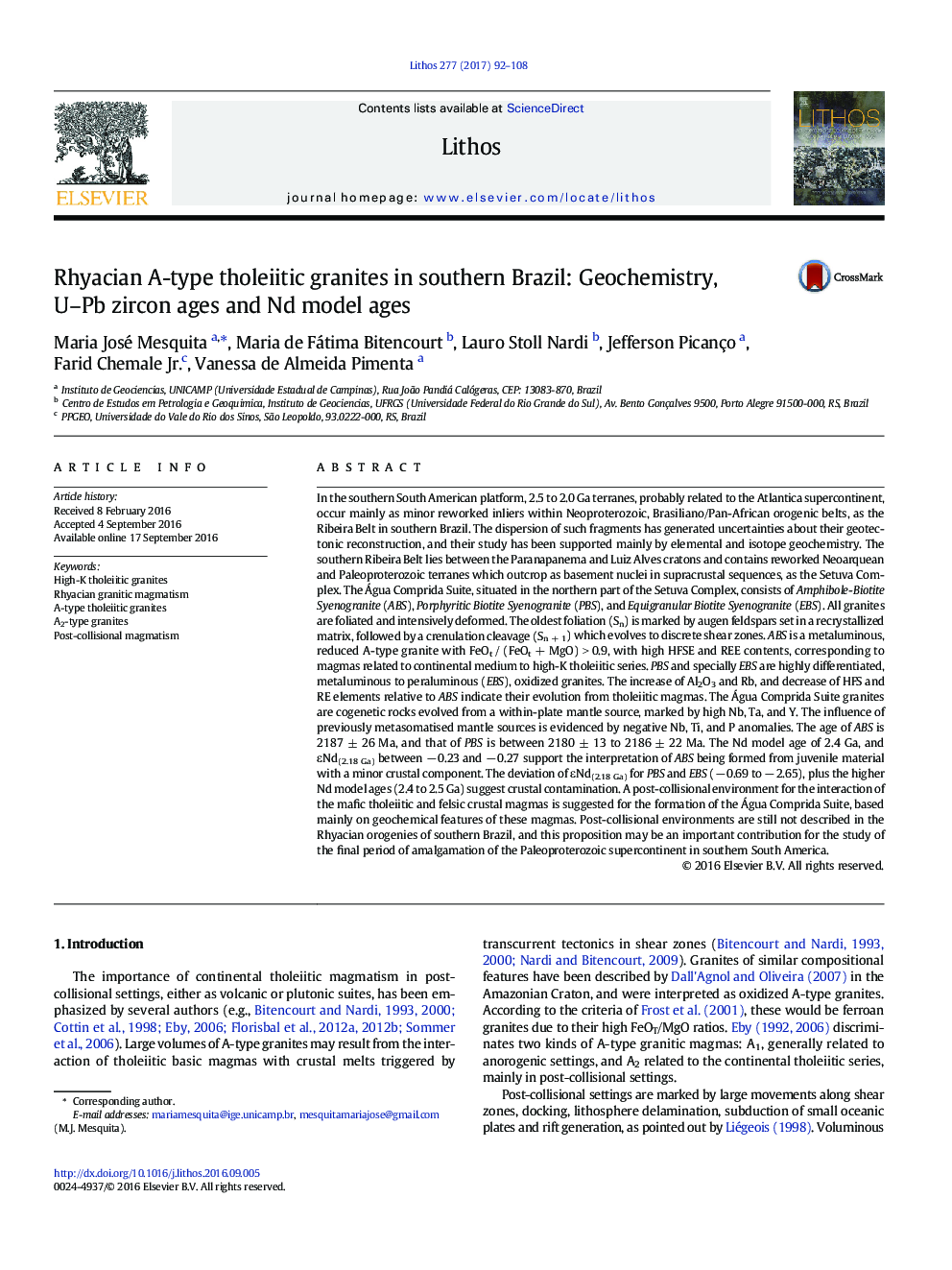 Rhyacian A-type tholeiitic granites in southern Brazil: Geochemistry, U-Pb zircon ages and Nd model ages