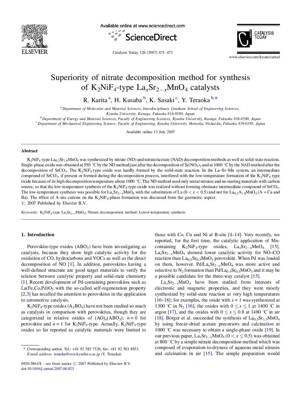 Superiority of nitrate decomposition method for synthesis of K2NiF4-type LaxSr2−xMnO4 catalysts