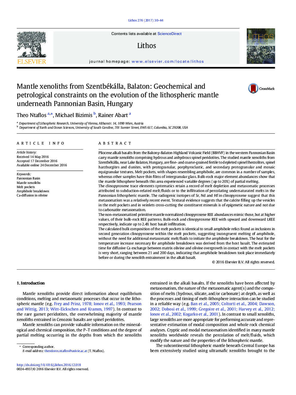 Mantle xenoliths from Szentbékálla, Balaton: Geochemical and petrological constraints on the evolution of the lithospheric mantle underneath Pannonian Basin, Hungary