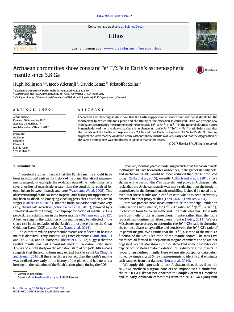 Archaean chromitites show constant Fe3Â +/Î£Fe in Earth's asthenospheric mantle since 3.8Â Ga