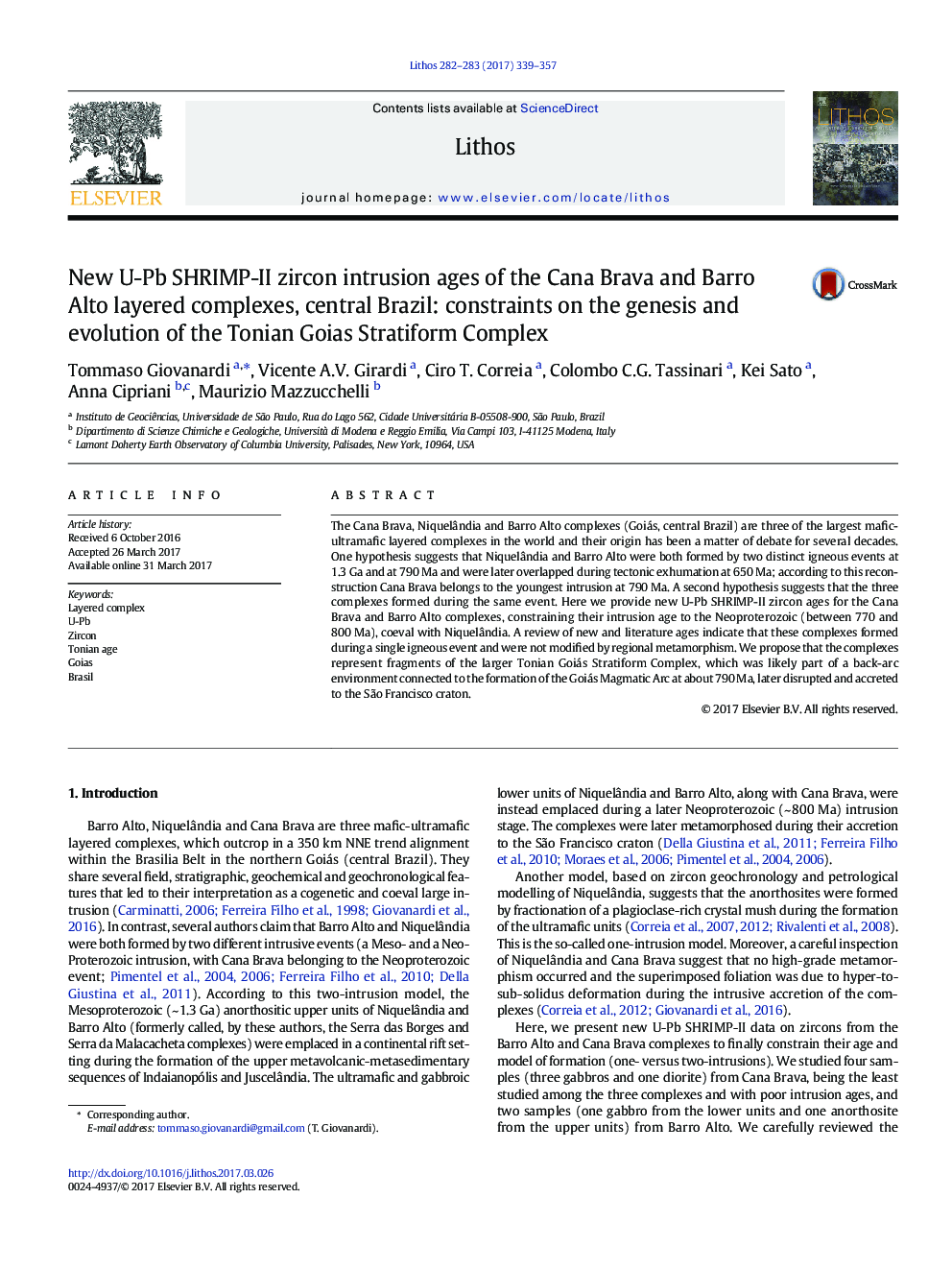 New U-Pb SHRIMP-II zircon intrusion ages of the Cana Brava and Barro Alto layered complexes, central Brazil: constraints on the genesis and evolution of the Tonian Goias Stratiform Complex