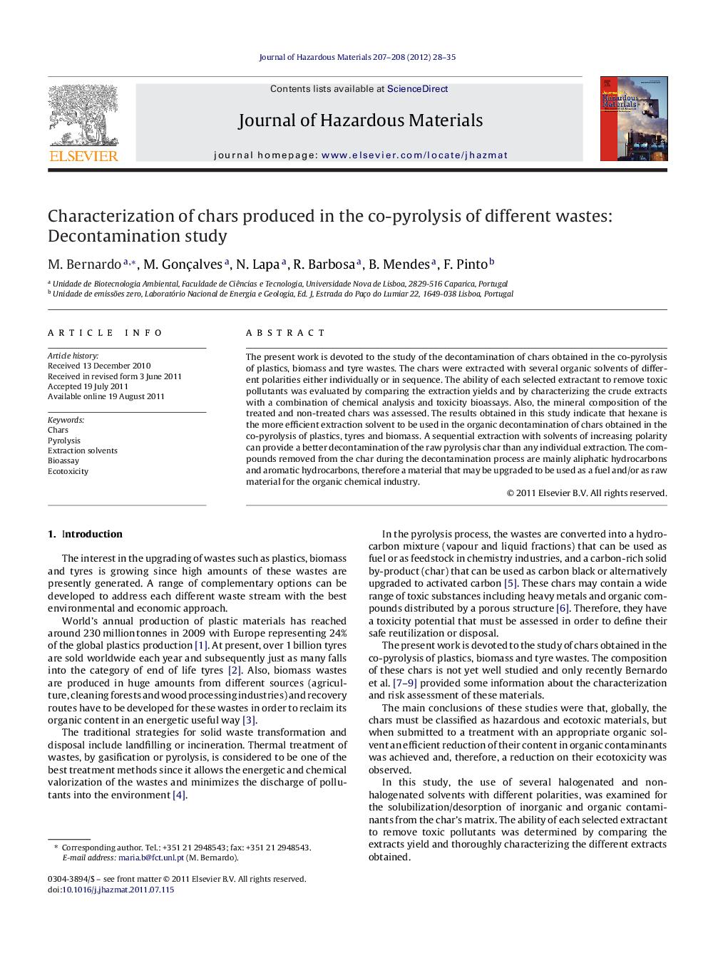 Characterization of chars produced in the co-pyrolysis of different wastes: Decontamination study