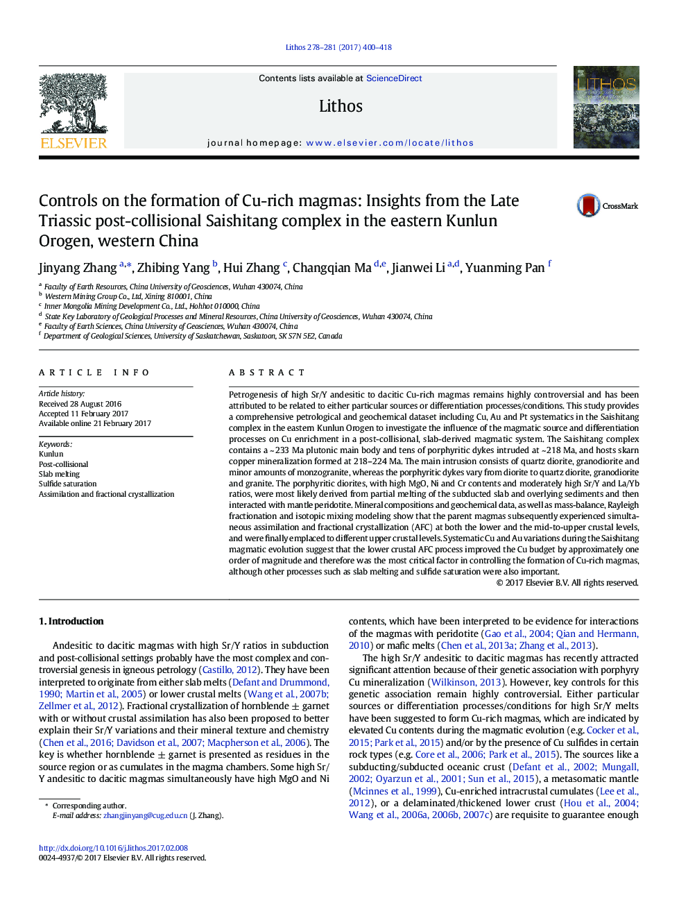 Controls on the formation of Cu-rich magmas: Insights from the Late Triassic post-collisional Saishitang complex in the eastern Kunlun Orogen, western China