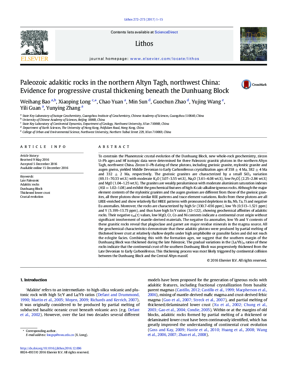 Paleozoic adakitic rocks in the northern Altyn Tagh, northwest China: Evidence for progressive crustal thickening beneath the Dunhuang Block