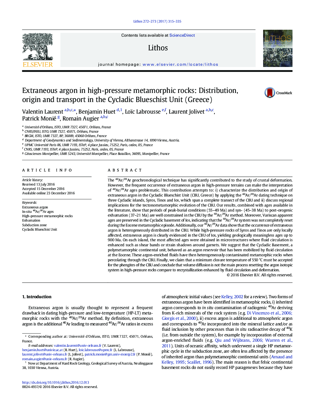 Extraneous argon in high-pressure metamorphic rocks: Distribution, origin and transport in the Cycladic Blueschist Unit (Greece)