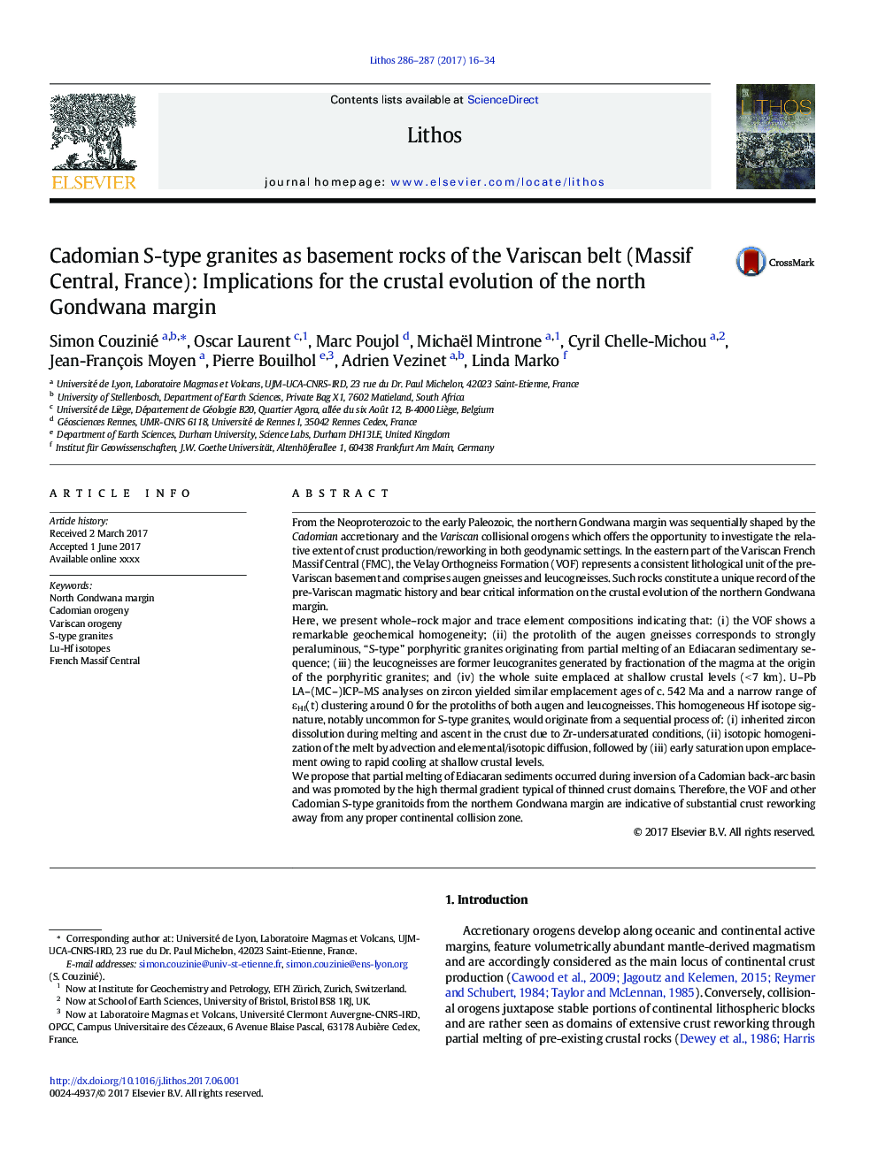 Cadomian S-type granites as basement rocks of the Variscan belt (Massif Central, France): Implications for the crustal evolution of the north Gondwana margin