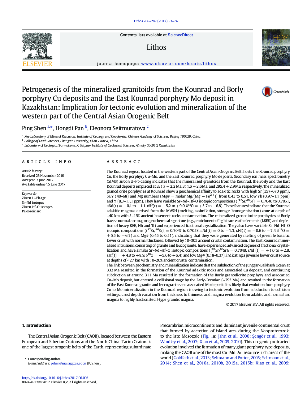 Petrogenesis of the mineralized granitoids from the Kounrad and Borly porphyry Cu deposits and the East Kounrad porphyry Mo deposit in Kazakhstan: Implication for tectonic evolution and mineralization of the western part of the Central Asian Orogenic Belt