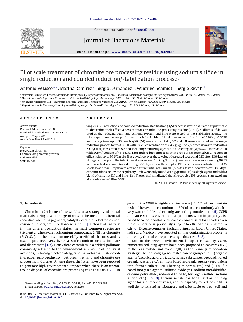 Pilot scale treatment of chromite ore processing residue using sodium sulfide in single reduction and coupled reduction/stabilization processes