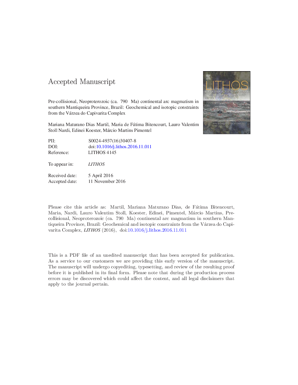 Pre-collisional, Tonian (ca. 790 Ma) continental arc magmatism in southern Mantiqueira Province, Brazil: Geochemical and isotopic constraints from the Várzea do Capivarita Complex